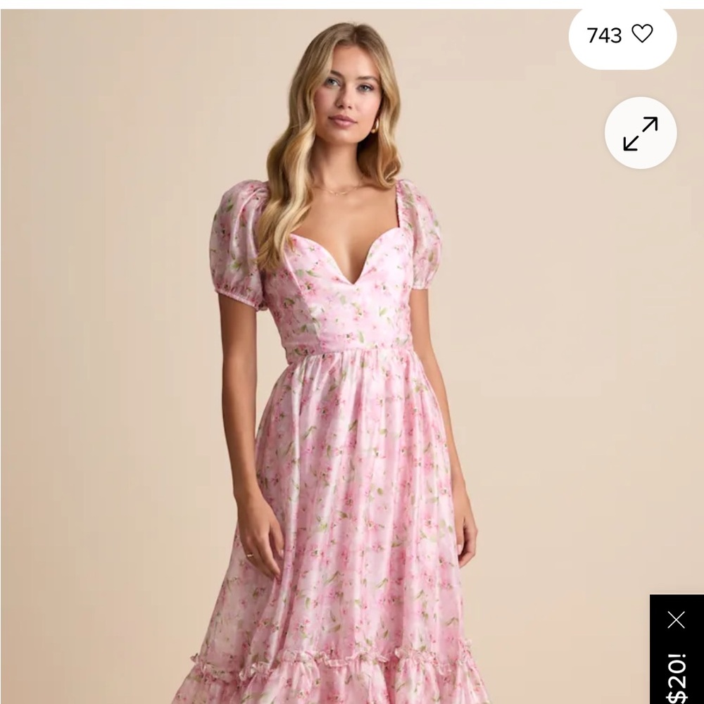 Sincerely Wondrous Pink Floral Puff Sleeve Tiered Midi Dress